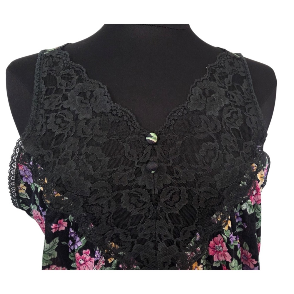 Vintage Vassarette Nylon Nightgown Slip Dark Floral Black Lace USA Silky Size M